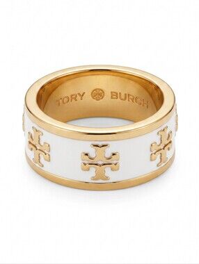 Tory Burch Kira Enamel White and Gold Double-T Logo Wide Band Ring